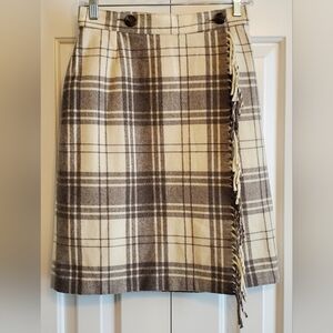 Cream & Gray Tartan Plaid A-Line Knee Length Wool Blend Wrap Skirt Made In Italy